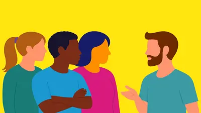 Illustratie van een man met een baard (rechts) die iets uitlegt aan een groepje van drie mensen. Illustratie van een man met een baard (rechts) die iets uitlegt aan een groepje van drie mensen.