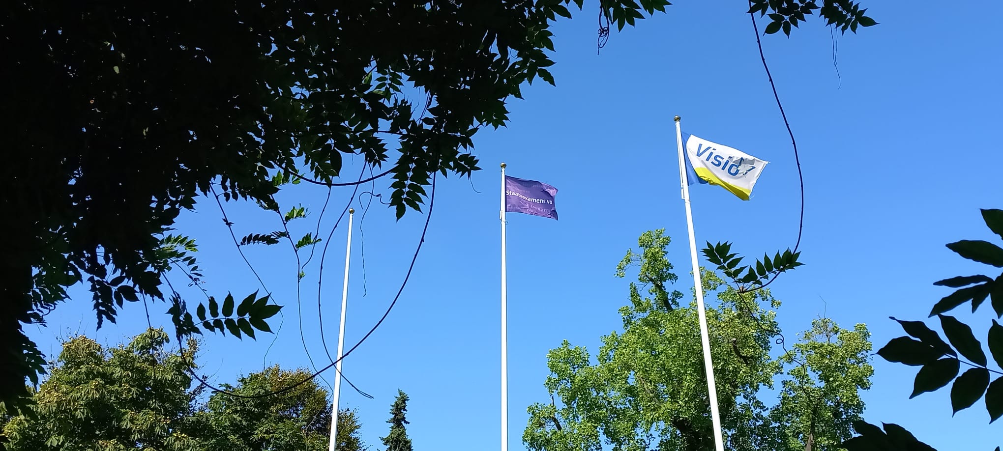 Drie hoge vlaggenmasten, met de vlaggen van het staatsexamen en Visio wapperend in de wind