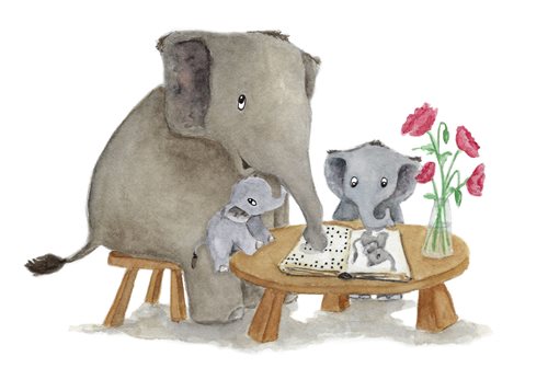 Mama-olifant leest met haar twee kinderen een brailleboek. Hierbij gebruikt ze haar slurf om de braille te voelen.