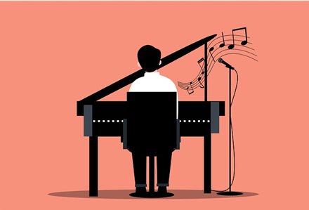 Tekening van pianist achter piano met microfoon en muzieknoten