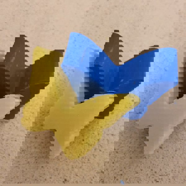 Geel en blauw zeepje in de vorm van een vlinder, gemaakt door leerlingen van leerwerkplek Visit in Gassel Geel en blauw zeepje in de vorm van een vlinder, gemaakt door leerlingen van leerwerkplek Visit in Gassel