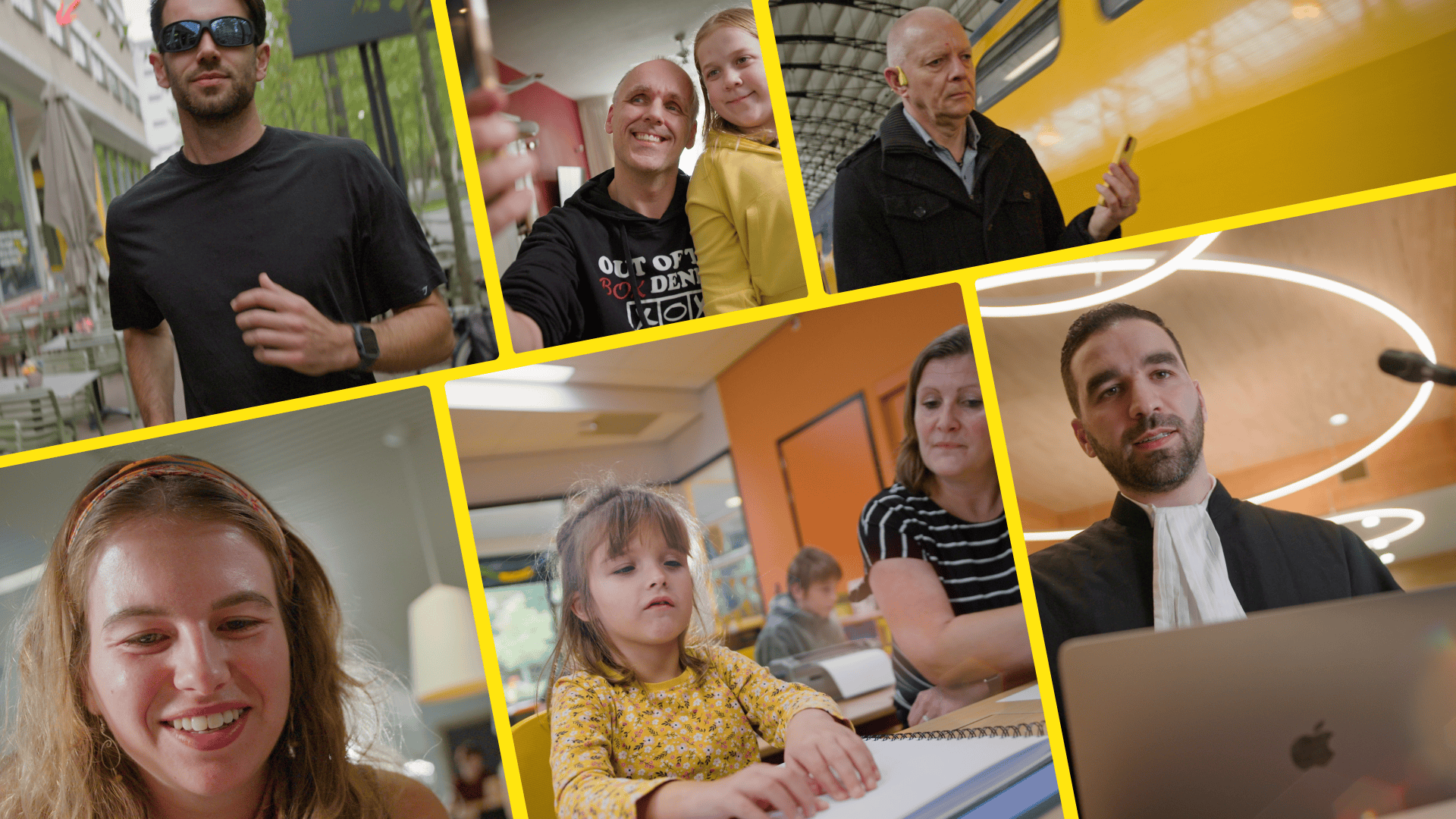 De afbeelding is een collage van zes verschillende mensen uit de video. Van linkboven naar rechtsonder zijn te zien: Joost, Stefan, Fred, Hanna, Elena en Faruk. 