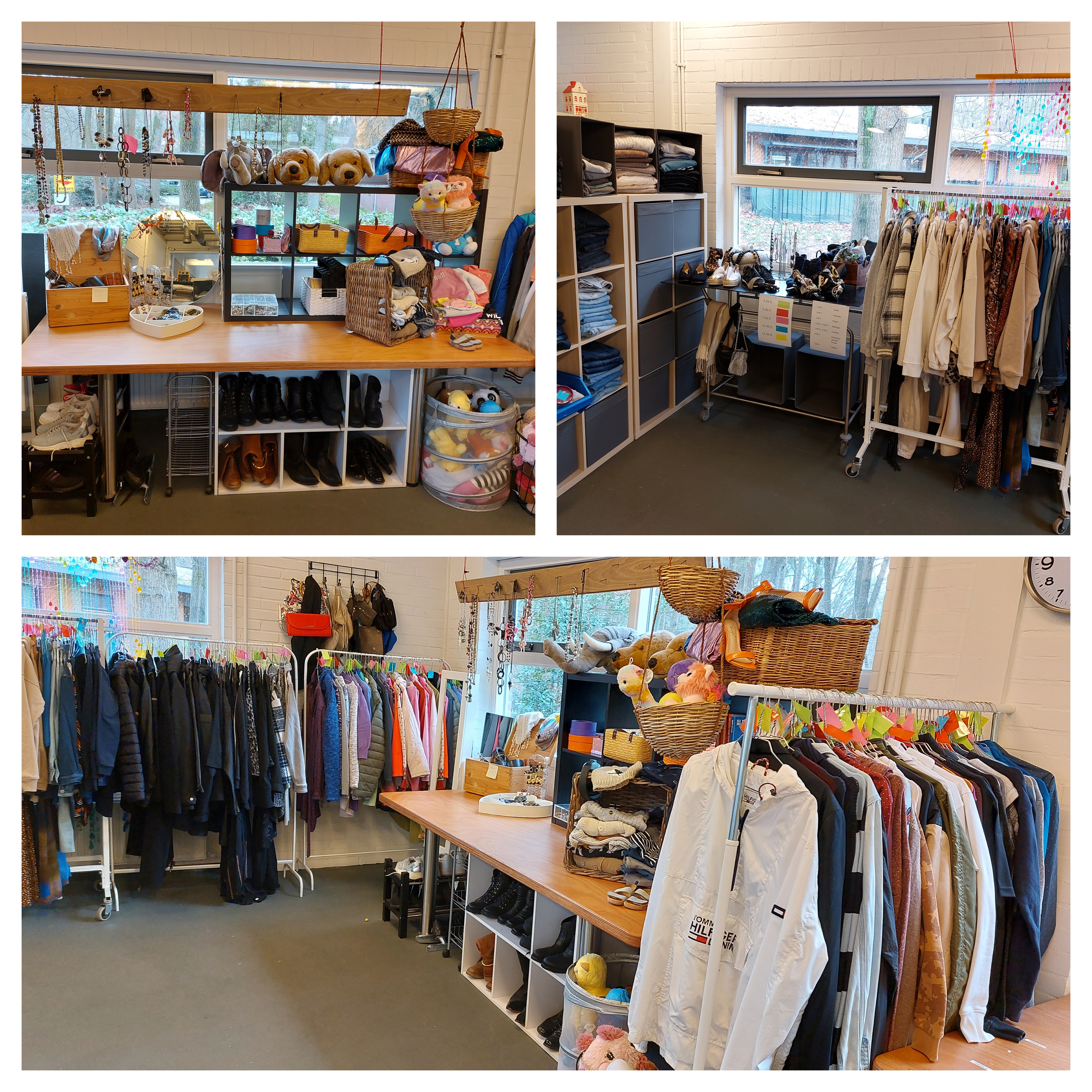 Toegankelijke kledingkast op De Blauwe Kamer met tweedehands kleding, schoenen en accessoires.