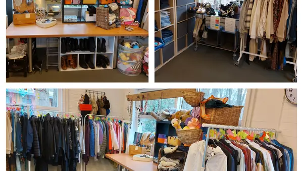 Toegankelijke kledingkast De Blauwe Kamer Toegankelijke kledingkast op De Blauwe Kamer met tweedehands kleding, schoenen en accessoires.