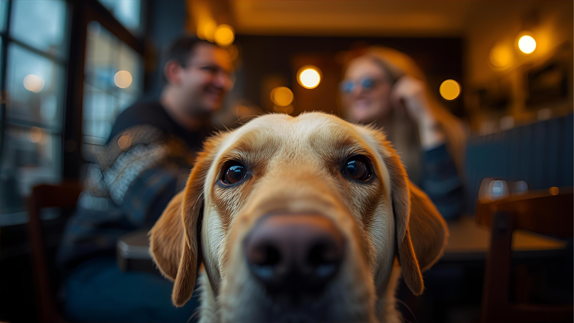 Hond met op de achtergrond een man en vrouw die samen aan tafel zitten met gezellige verlichting
