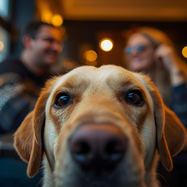Hond met op de achtergrond een man en vrouw die samen aan tafel zitten met gezellige verlichting Hond met op de achtergrond een man en vrouw die samen aan tafel zitten met gezellige verlichting