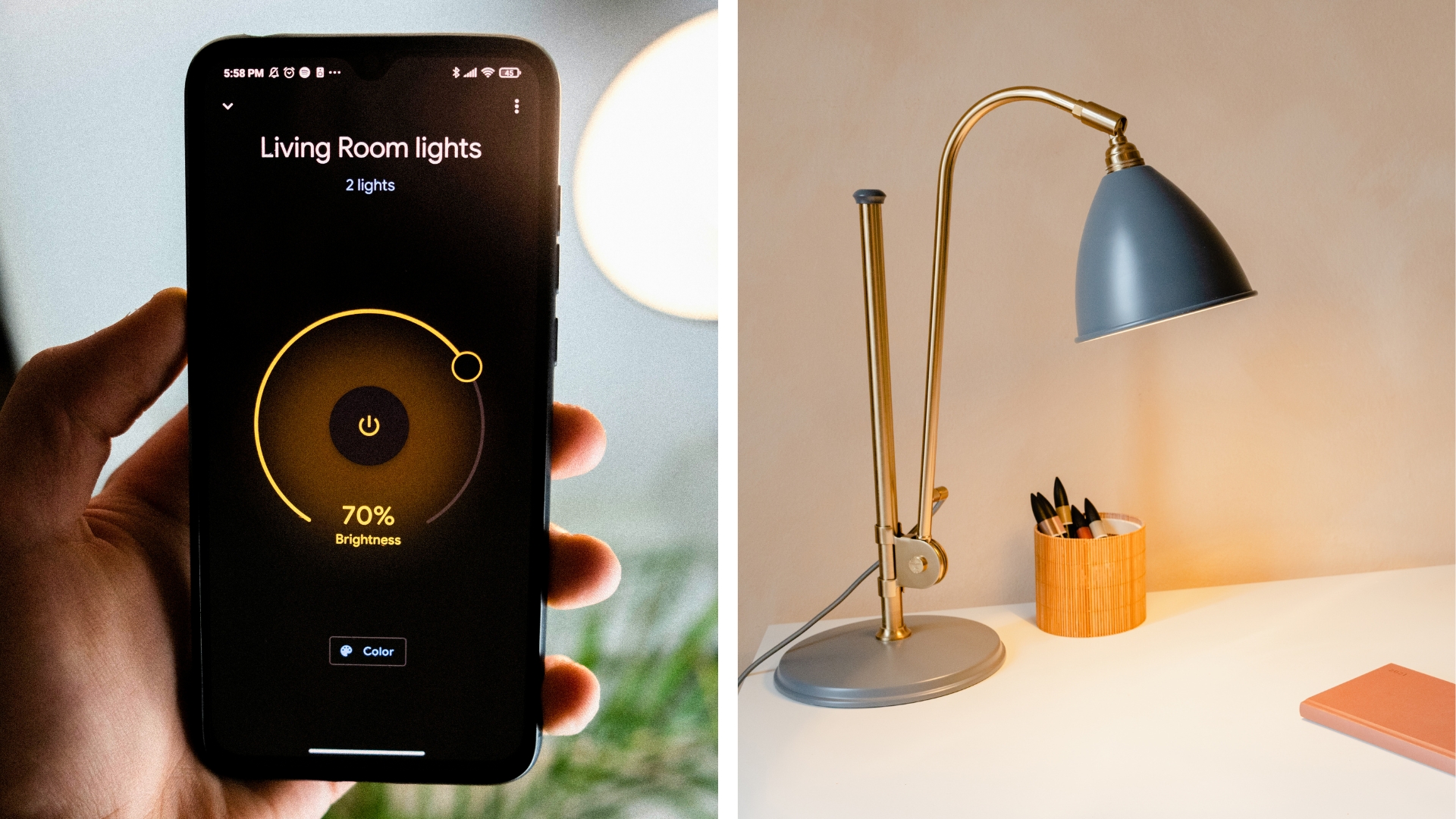 Smartphone met app voor het bedienen van verlichting, op de afbeelding ernaast zie je een moderne tafellamp met instelbare lichtsterkte.