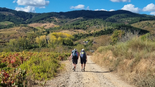 Twee personen lopen de pelgrimstocht naar Santiago de Compostella Twee personen lopen de pelgrimstocht naar Santiago de Compostella