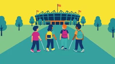 Illustratie van vier kinderen, waarvan drie met taststok, die naar een stadion toe lopen. Illustratie van vier kinderen, waarvan drie met taststok, die naar een stadion toe lopen.