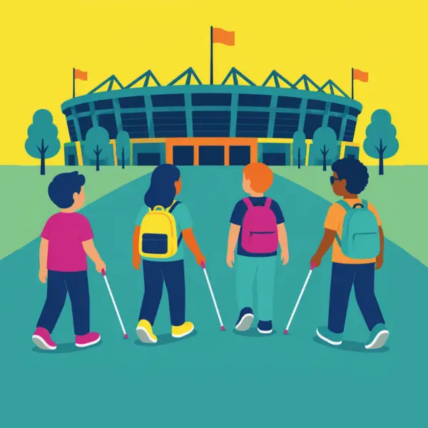 Illustratie van vier kinderen, waarvan drie met taststok, die naar een stadion toe lopen. Illustratie van vier kinderen, waarvan drie met taststok, die naar een stadion toe lopen.