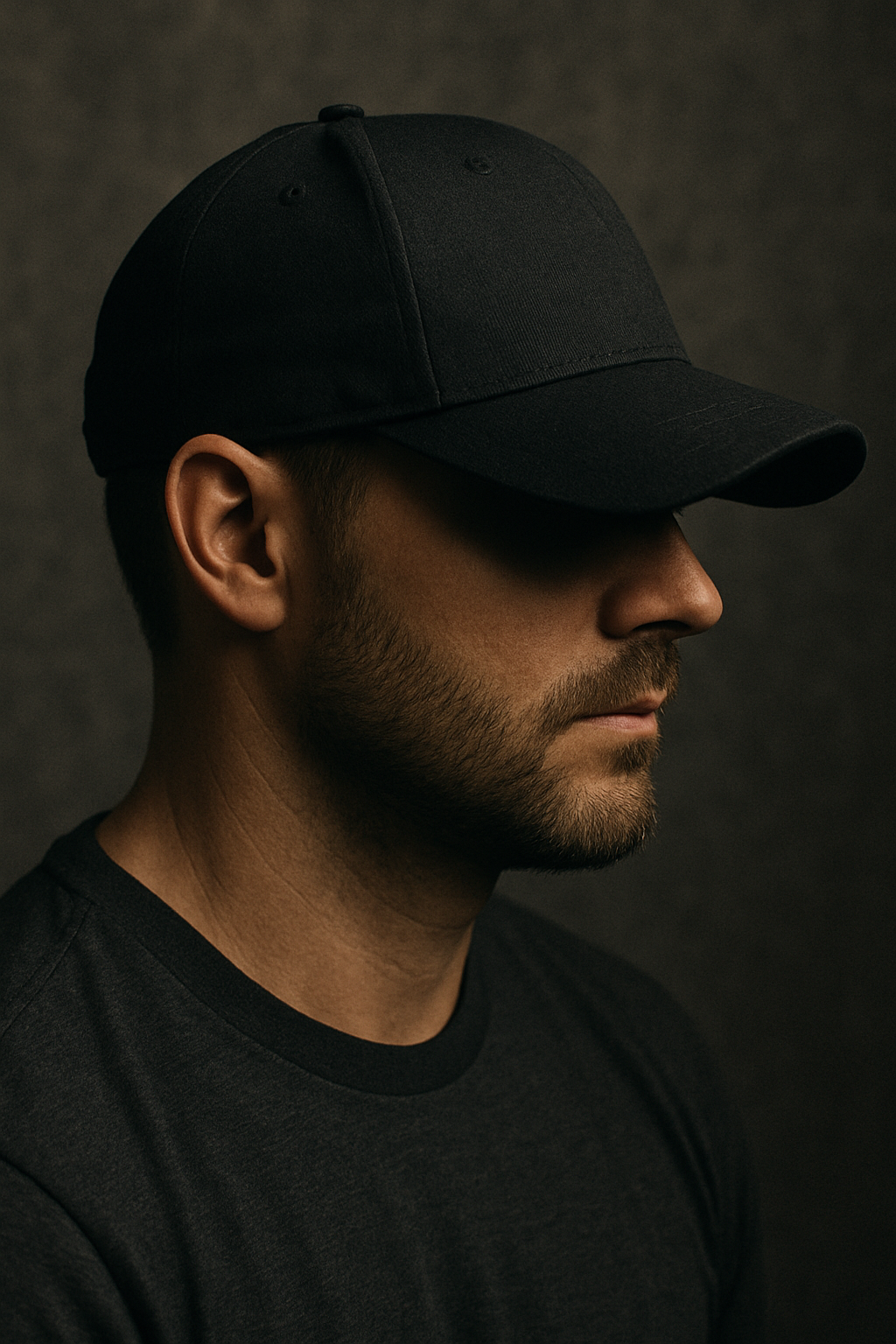Afbeelding van een man met een zwarte pet. Zijn ogen zijn afgeschermd door de pet.