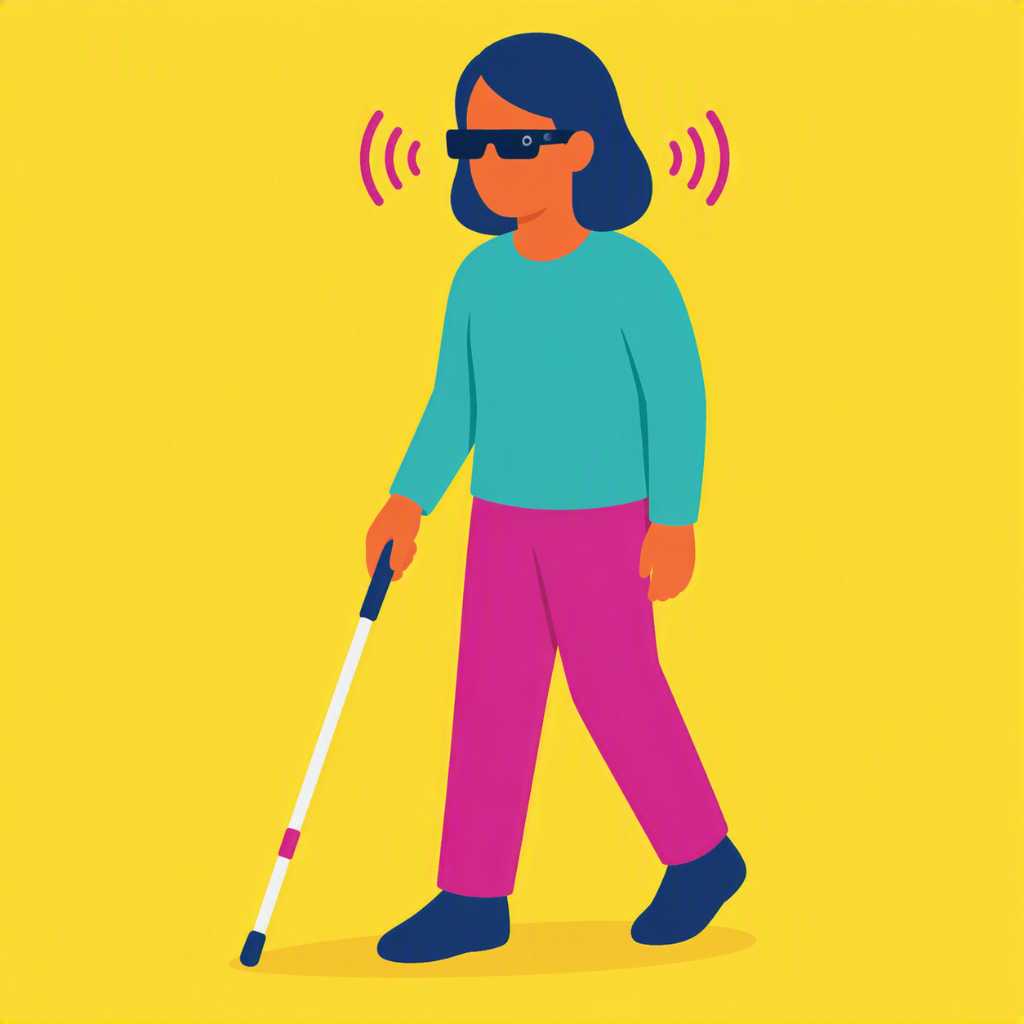Een illustratie van een vrouw. Ze draagt een meta-bril en loopt met een taststok. 