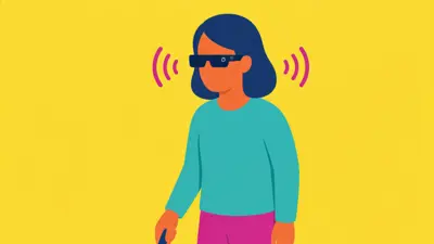 Een illustratie van een vrouw. Ze draagt een meta-bril en loopt met een taststok. Een illustratie van een vrouw. Ze draagt een meta-bril en loopt met een taststok.