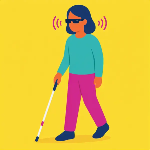 Een illustratie van een vrouw. Ze draagt een meta-bril en loopt met een taststok. Een illustratie van een vrouw. Ze draagt een meta-bril en loopt met een taststok.