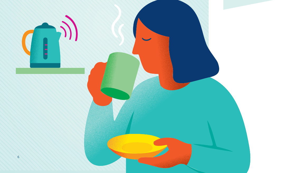 Illustratie van een vrouw. Ze drinkt een kopje thee. Achter haar staat een waterkoker, die het signaal geeft dat het klaar is. 