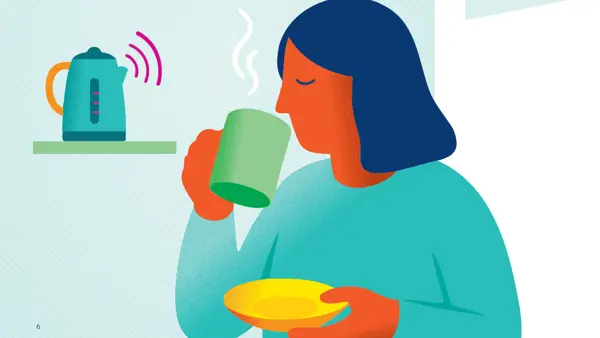 Illustratie van een vrouw. Ze drinkt een kopje thee. Achter haar staat een waterkoker, die het signaal geeft dat het klaar is. Illustratie van een vrouw. Ze drinkt een kopje thee. Achter haar staat een waterkoker, die het signaal geeft dat het klaar is.