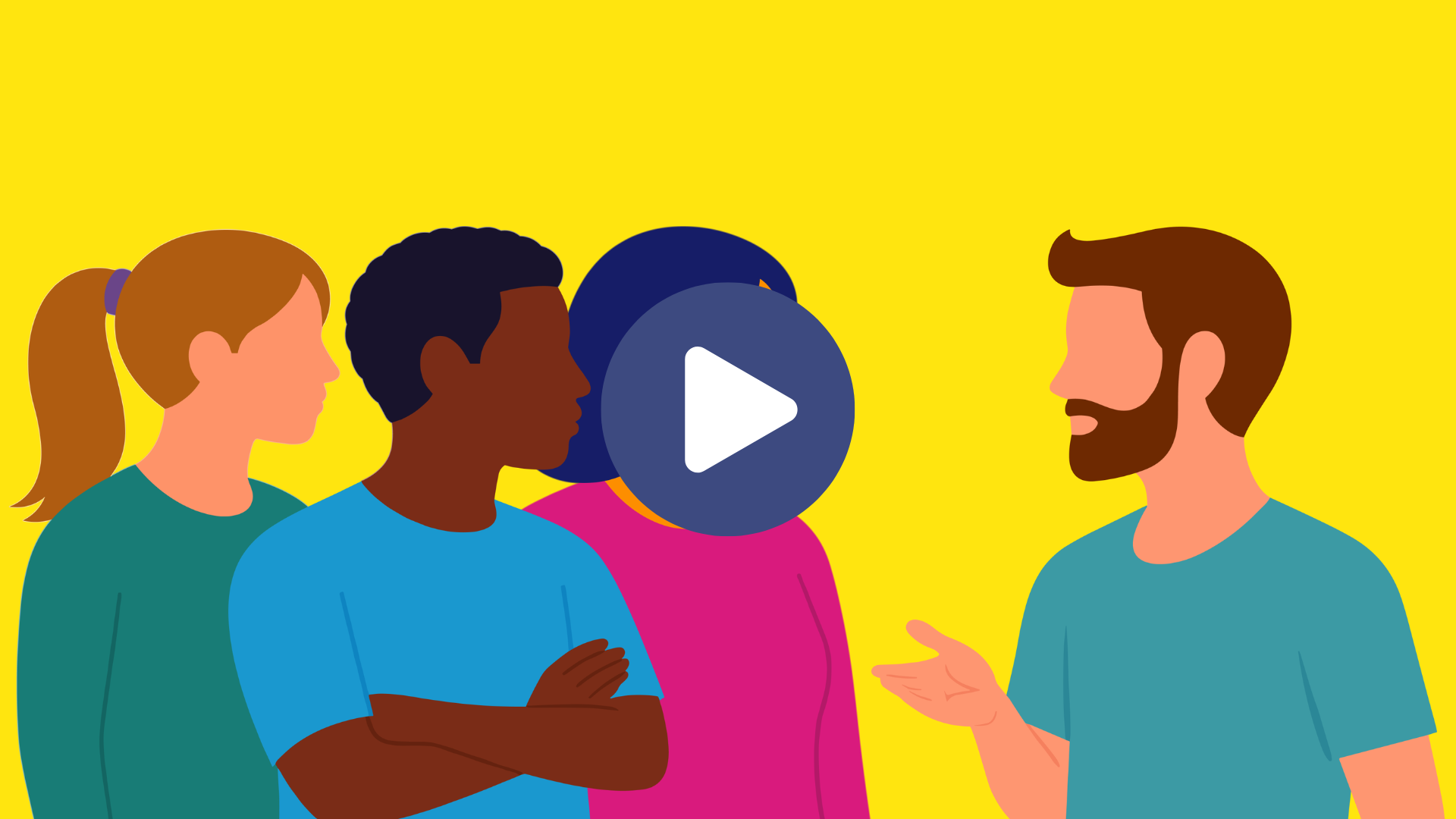 Een illustratie van een groep van vier mensen in gesprek. Er staat een playbutton op de video. 
