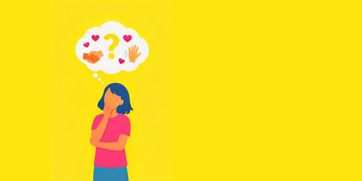 Illustratie van jongere die nadenkt met een denkwolk boven het hoofd met daarin een groot vraagteken en daar omheen hartjes en iconen van handen