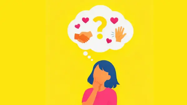 Illustratie van jongere die nadenkt met een denkwolk boven het hoofd met daarin een groot vraagteken en daar omheen hartjes en iconen van handen Illustratie van jongere die nadenkt met een denkwolk boven het hoofd met daarin een groot vraagteken en daar omheen hartjes en iconen van handen