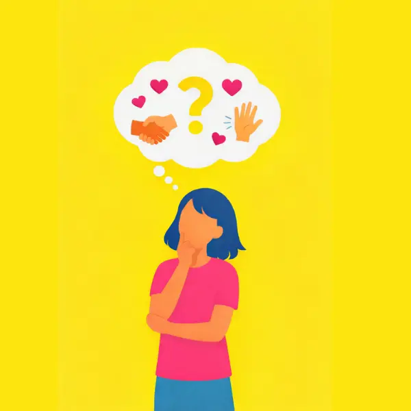 Illustratie van jongere die nadenkt met een denkwolk boven het hoofd met daarin een groot vraagteken en daar omheen hartjes en iconen van handen Illustratie van jongere die nadenkt met een denkwolk boven het hoofd met daarin een groot vraagteken en daar omheen hartjes en iconen van handen