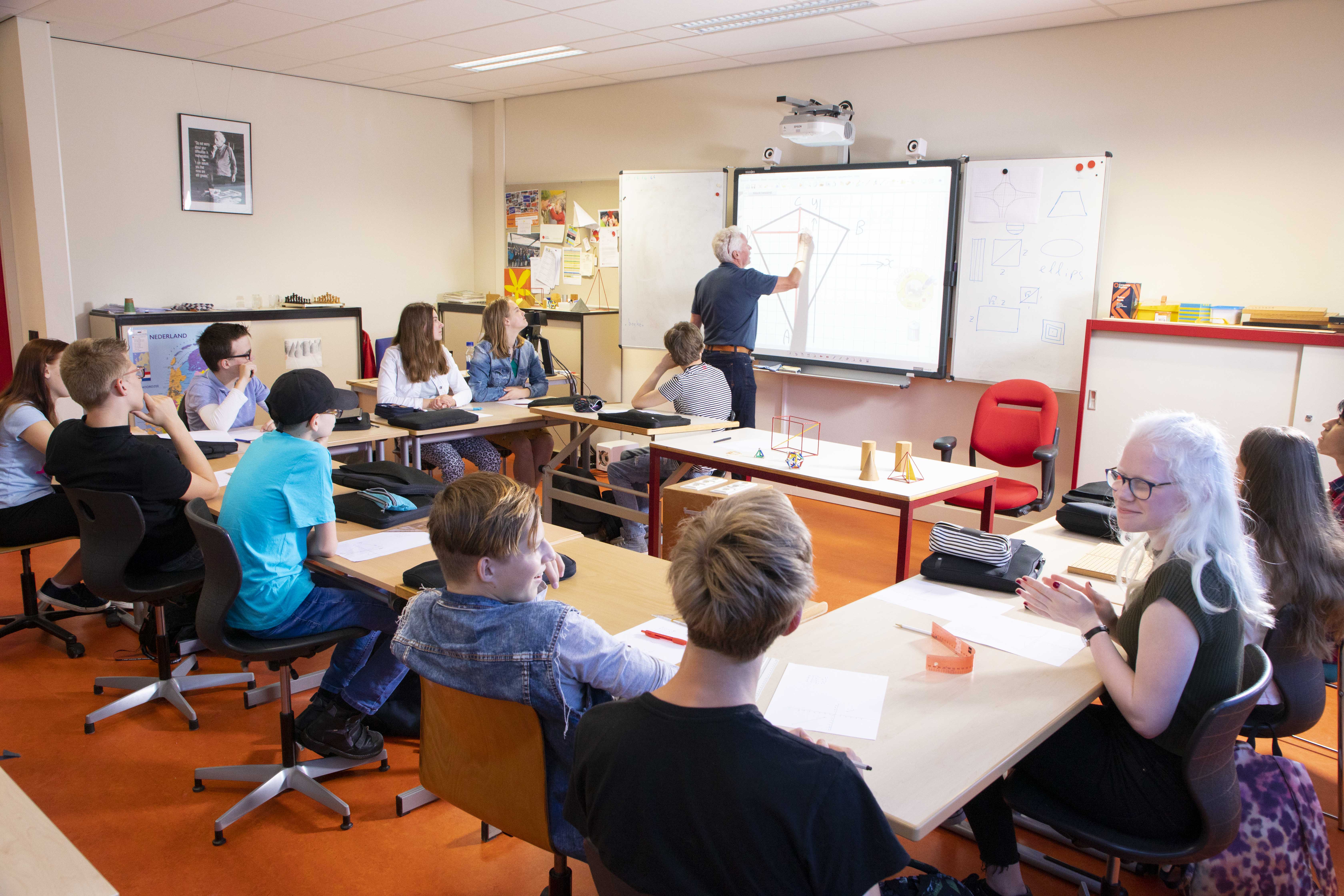 Klas kijkt naar uitleg docent