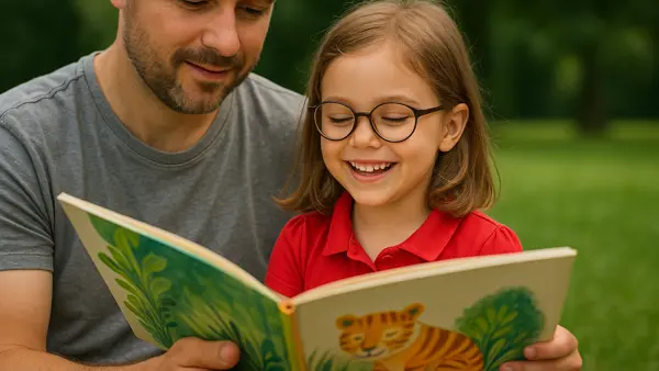 Volwassene leest een prentenboek voor aan een jong kind Volwassene leest een prentenboek voor aan een jong kind