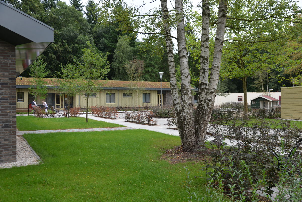 Sfeerimpressie van het groene terrein van De Blauwe Kamer met op de achtergrond de woningen en op de voorgrond veel bomen en gras