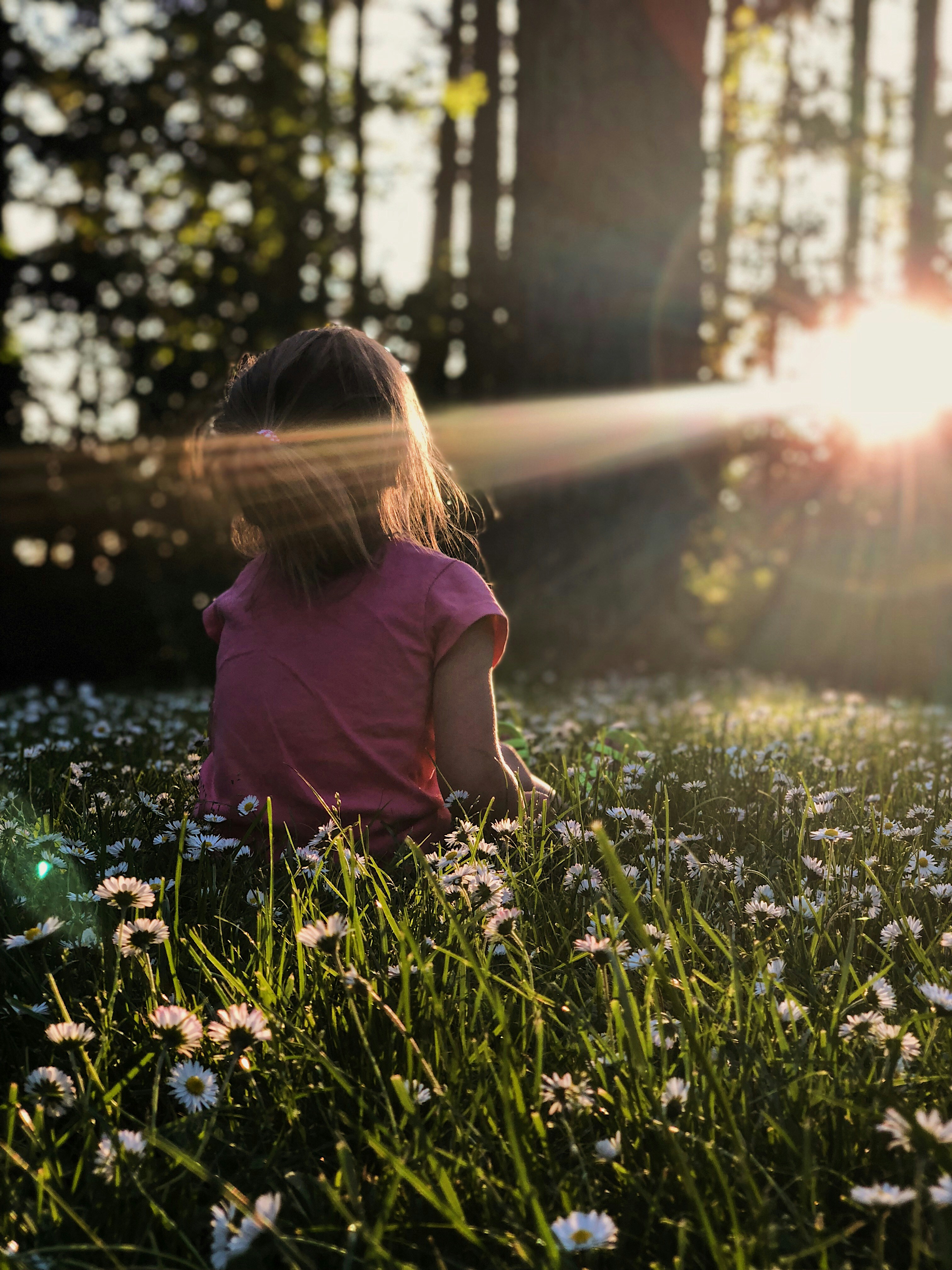 Een meisje zit in het bos op het gras. De zon schijnt door de bomen heen, ze kijkt richting het licht. 