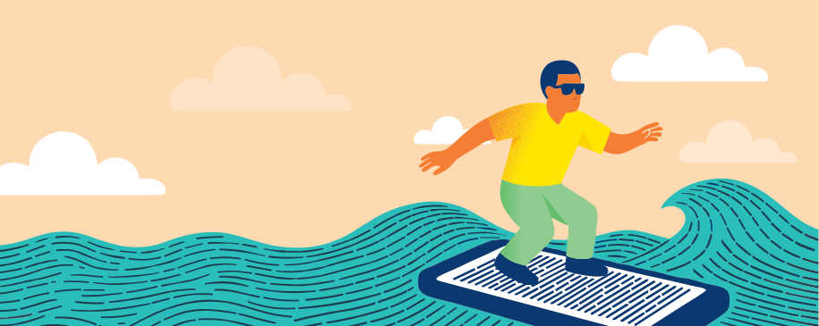 Illustratie van een man die op golven surft. Zijn surfboard is een telefoon.