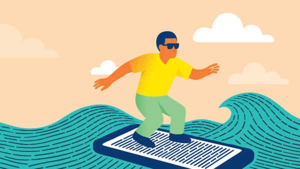Illustratie van een man die op golven surft. Zijn surfboard is een telefoon. Illustratie van een man die op golven surft. Zijn surfboard is een telefoon.