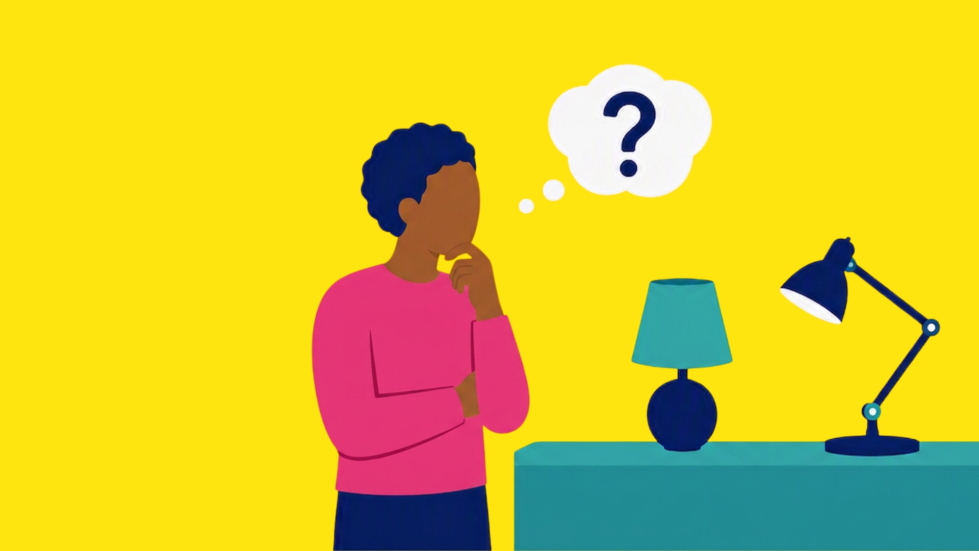 Illustratie van een persoon die nadenkt over verlichting, met een vraagteken in een gedachtewolk en twee verschillende lampen op tafel.