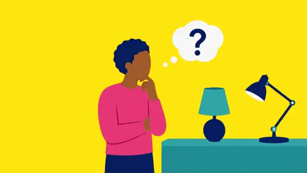 Illustratie van een persoon die nadenkt over verlichting, met een vraagteken in een gedachtewolk en twee verschillende lampen op tafel. Illustratie van een persoon die nadenkt over verlichting, met een vraagteken in een gedachtewolk en twee verschillende lampen op tafel.