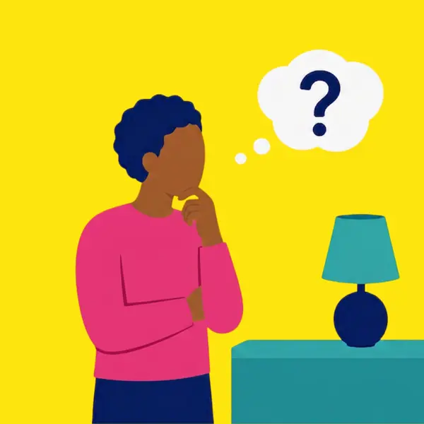 Illustratie van een persoon die nadenkt over verlichting, met een vraagteken in een gedachtewolk en twee verschillende lampen op tafel. Illustratie van een persoon die nadenkt over verlichting, met een vraagteken in een gedachtewolk en twee verschillende lampen op tafel.