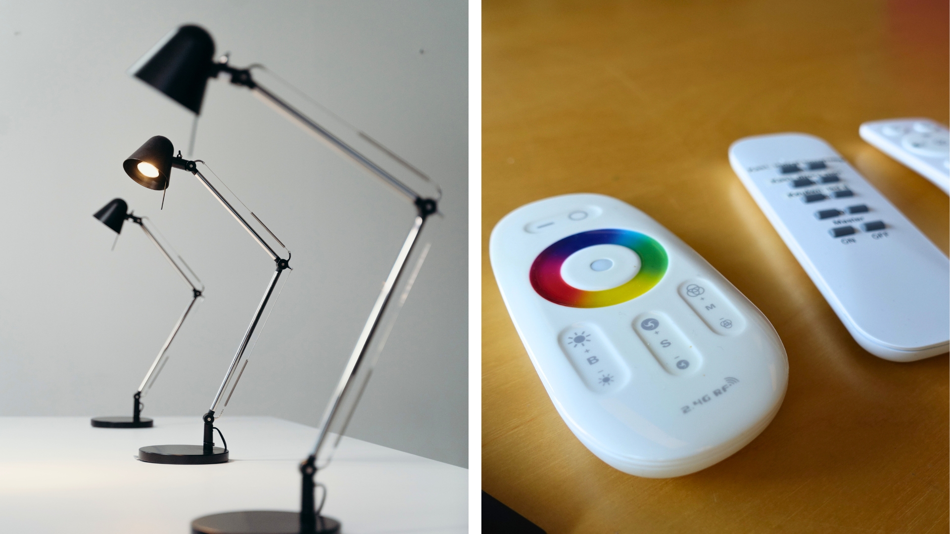 Drie zwarte bureaulampen in verschillende formaten en een afstandsbediening voor het instellen van kleur en lichtsterkte van verlichting.