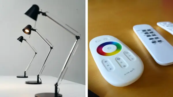 Drie zwarte bureaulampen in verschillende formaten en een afstandsbediening voor het instellen van kleur en lichtsterkte van verlichting. Drie zwarte bureaulampen in verschillende formaten en een afstandsbediening voor het instellen van kleur en lichtsterkte van verlichting.