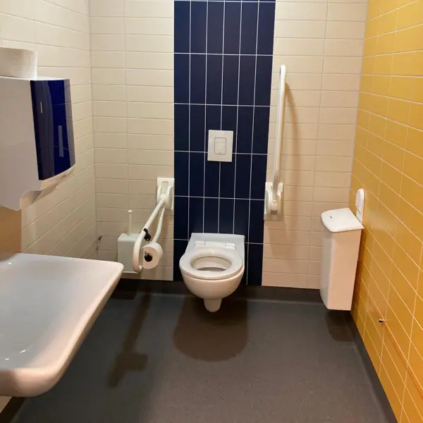Wit toilet tegen een donkerblauwe strook op de muur voor contrast. Wit toilet tegen een donkerblauwe strook op de muur voor contrast.