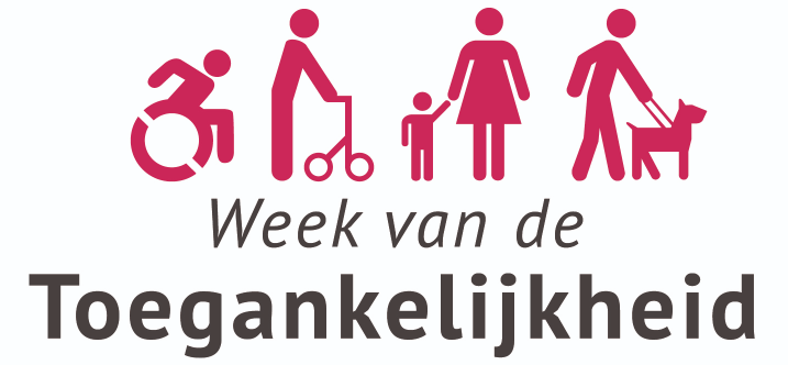 Verschillende iconen. Een persoon in een rolstoel, iemand met een rolator, een vrouw met een kind aan de hand en iemand met een geleidehond. Tekst: Week van de Toegankelijkheid. 