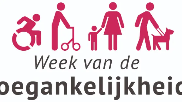 Verschillende iconen. Een persoon in een rolstoel, iemand met een rolator, een vrouw met een kind aan de hand en iemand met een geleidehond. Tekst: Week van de Toegankelijkheid. Verschillende iconen. Een persoon in een rolstoel, iemand met een rolator, een vrouw met een kind aan de hand en iemand met een geleidehond. Tekst: Week van de Toegankelijkheid.