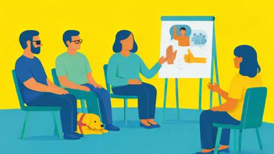 Abstracte illustratie van een groepstraining met een kleine groep deelnemers Abstracte illustratie van een groepstraining met een kleine groep deelnemers