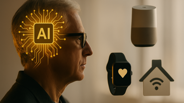 Door AI gegenereerde illustratie waarop een man met een slimme bril naar verschillende slimme apparaten kijkt zoals een smartwatch en speaker Door AI gegenereerde illustratie waarop een man met een slimme bril naar verschillende slimme apparaten kijkt zoals een smartwatch en speaker