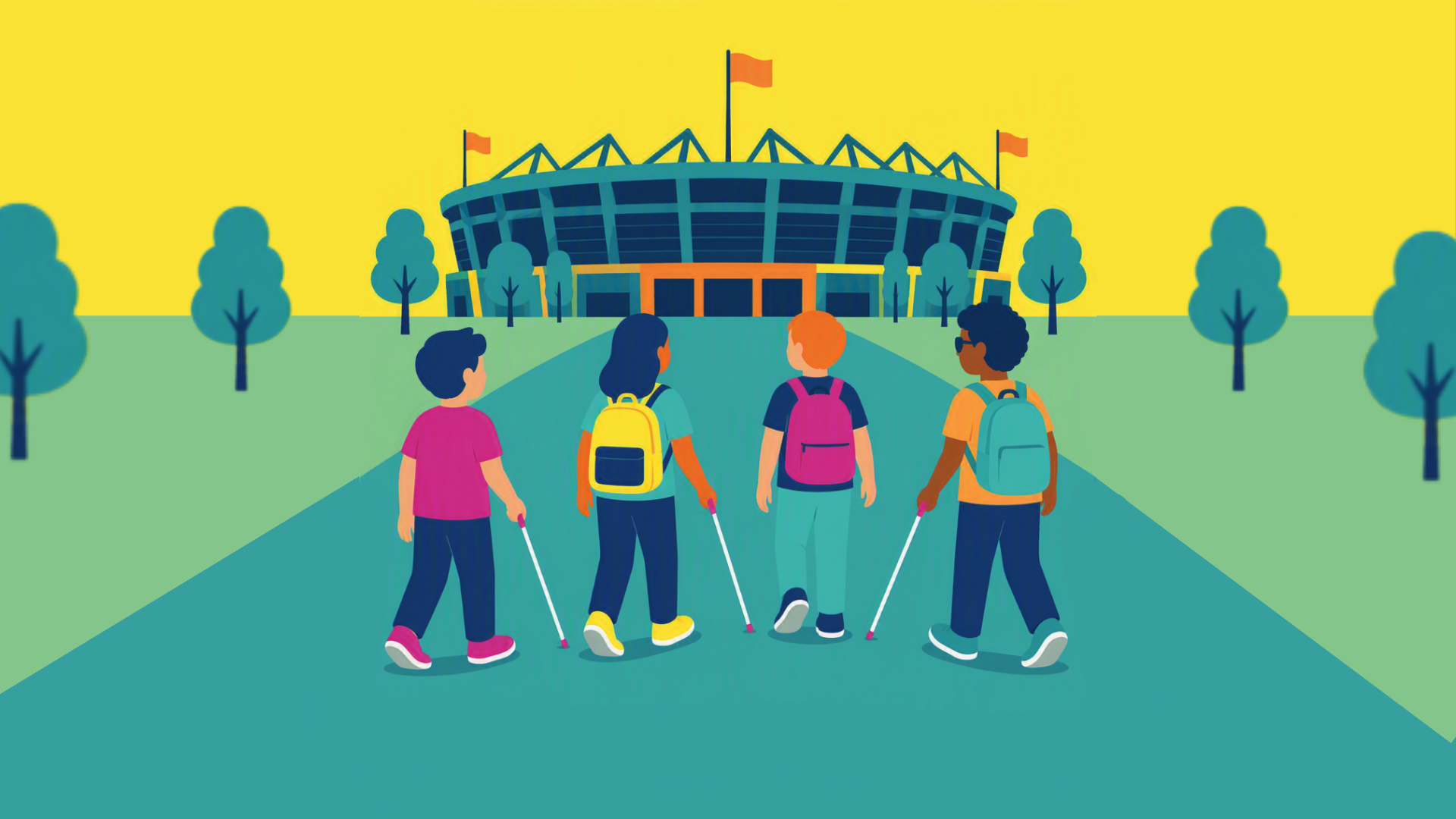 Illustratie van kinderen die naar een stadion lopen. 3 van de 4 kinderen lopen met een witte stok in hun hand. 
