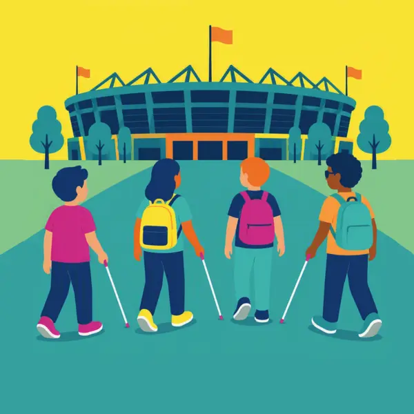 Illustratie van kinderen die naar een stadion lopen. 3 van de 4 kinderen lopen met een witte stok in hun hand. Illustratie van kinderen die naar een stadion lopen. 3 van de 4 kinderen lopen met een witte stok in hun hand.