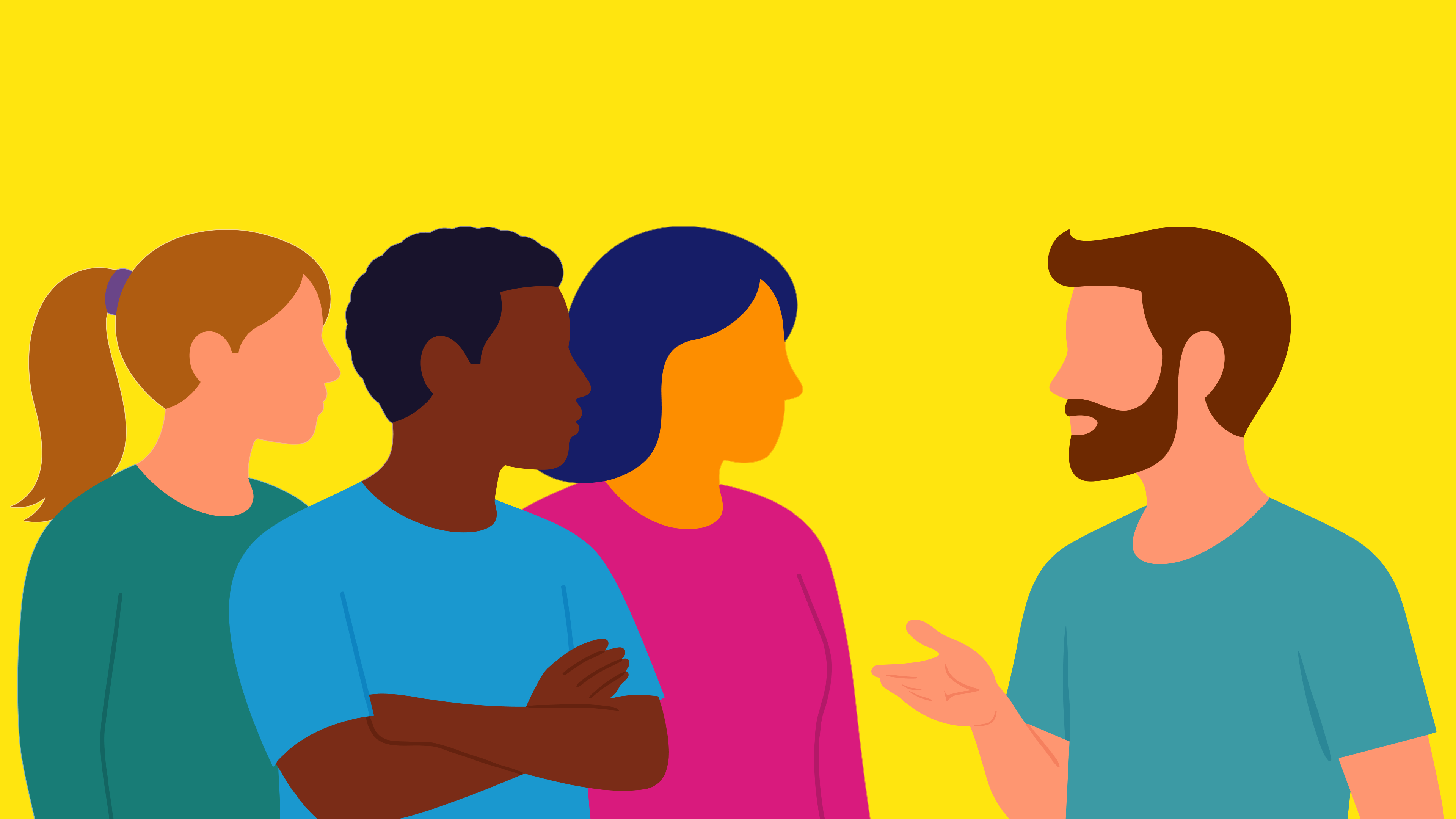 Illustratie van een man met een baard (rechts) die iets uitlegt aan een groepje van drie mensen. 