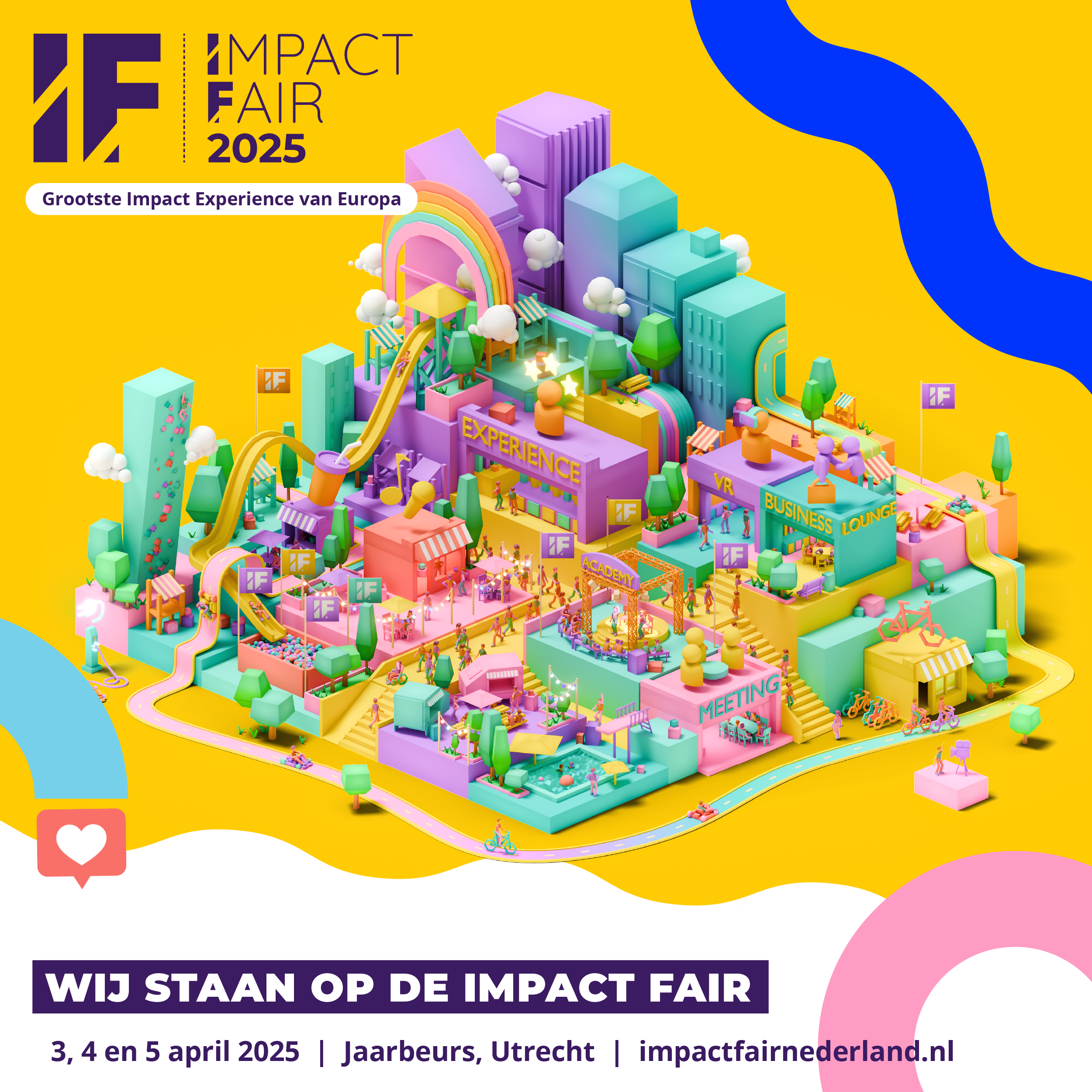 In een kleurrijke illustratie weergeven ze de plattegrond van de Impact Fair. Onderaan staat de tekst "wij staan op de impact fair"