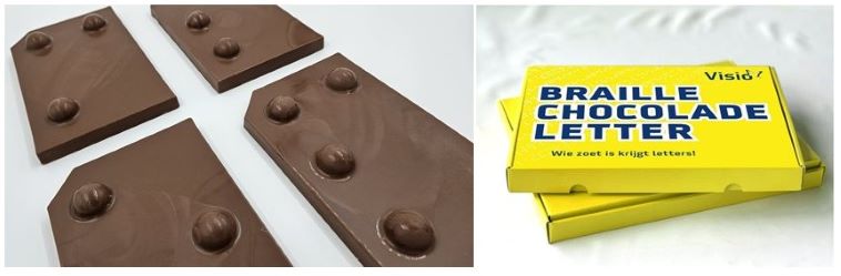 Twee afbeeldingen: De rechthoekige stukken chocolade met in braille een letter en het gele doosje van de braillechocoladeletter