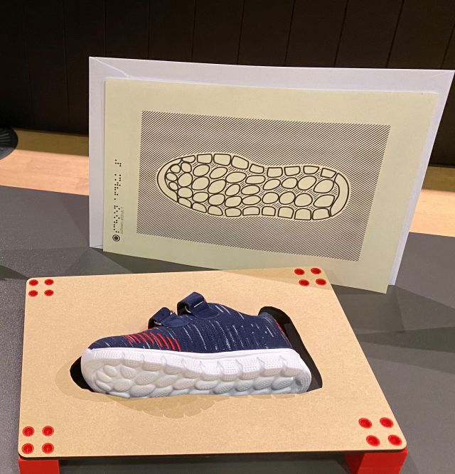 De schoen in 3D met tactiele tekening en verdwijnplankje De schoen in 3D met tactiele tekening en verdwijnplankje