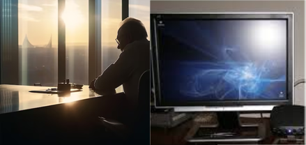 Opkomende zon schijnt hinderend door een raam en op het computerscherm