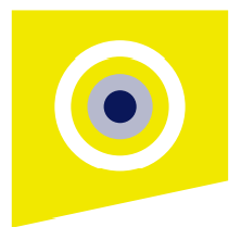 Op een geel vlak 1 witte cirkel, 1 grijze cirkel, 1 zwarte cirkel