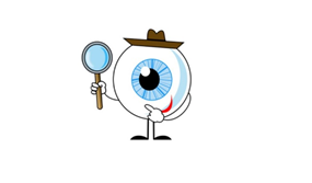 Oog getekend. Met hoedje op en vergrootglas in de hand Oog getekend. Met hoedje op en vergrootglas in de hand