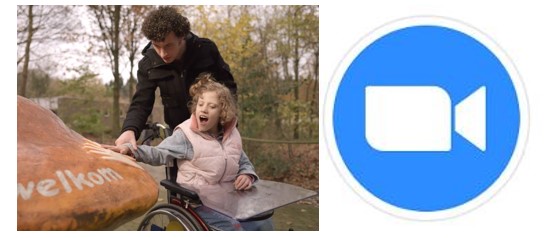 Meisje met VVB en begeleider in het bos + het ZOOM-logo Meisje met VVB en begeleider in het bos + het ZOOM-logo
